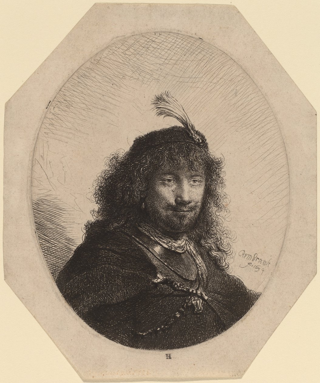 Zelfportret (?) met Gevederde Hoed en Neergelaten Sabel door Rembrandt van Rijn