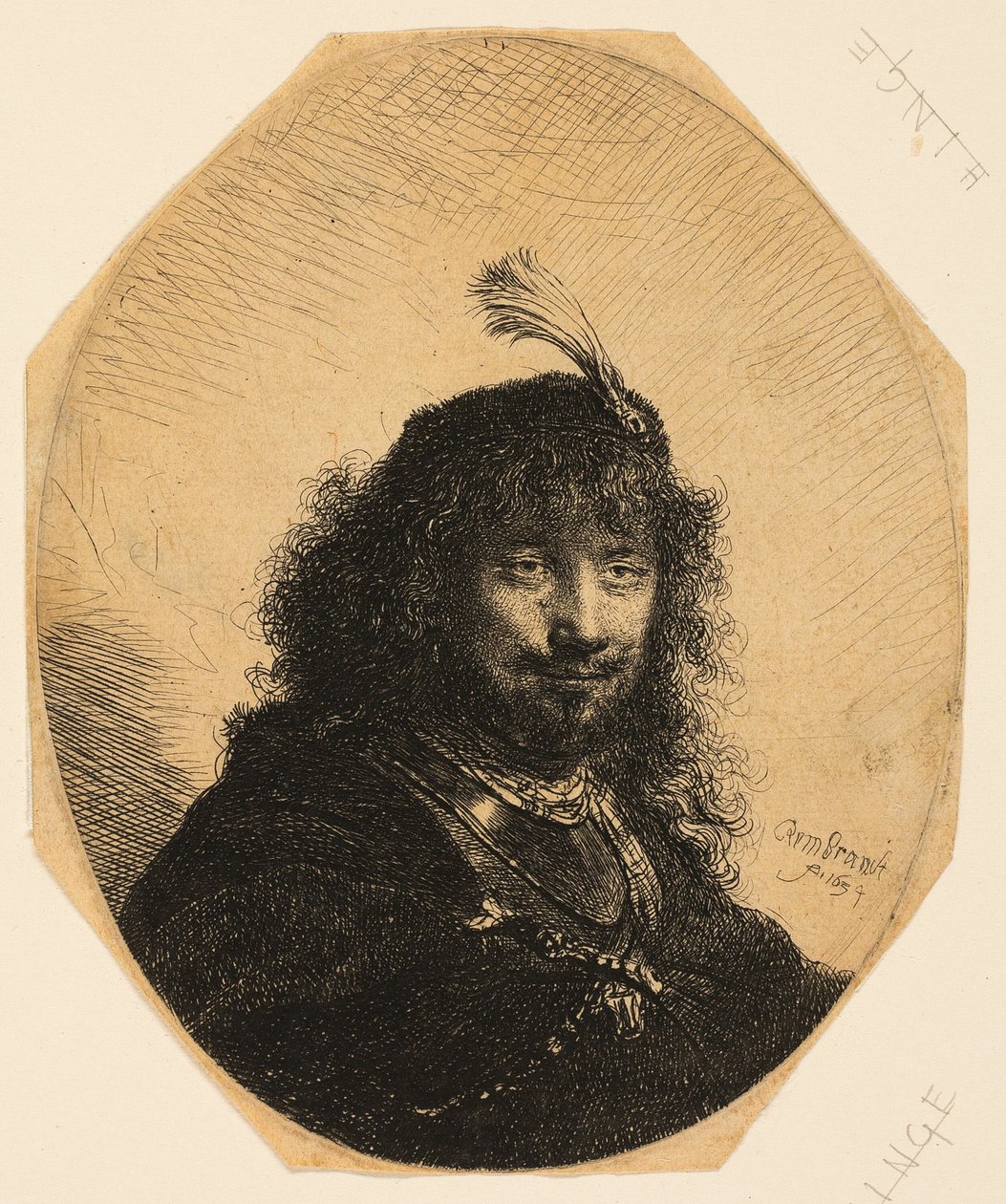 Zelfportret (?) met Gevederde Hoed en Neergelaten Sabel door Rembrandt van Rijn