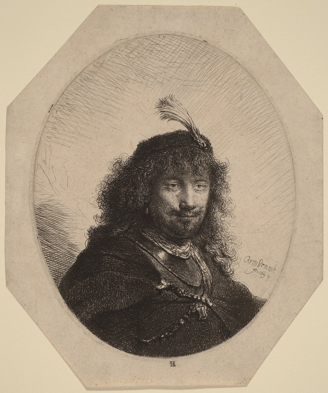 Zelfportret () met een hoed met veren en een neergelaten sabel door Rembrandt van Rijn