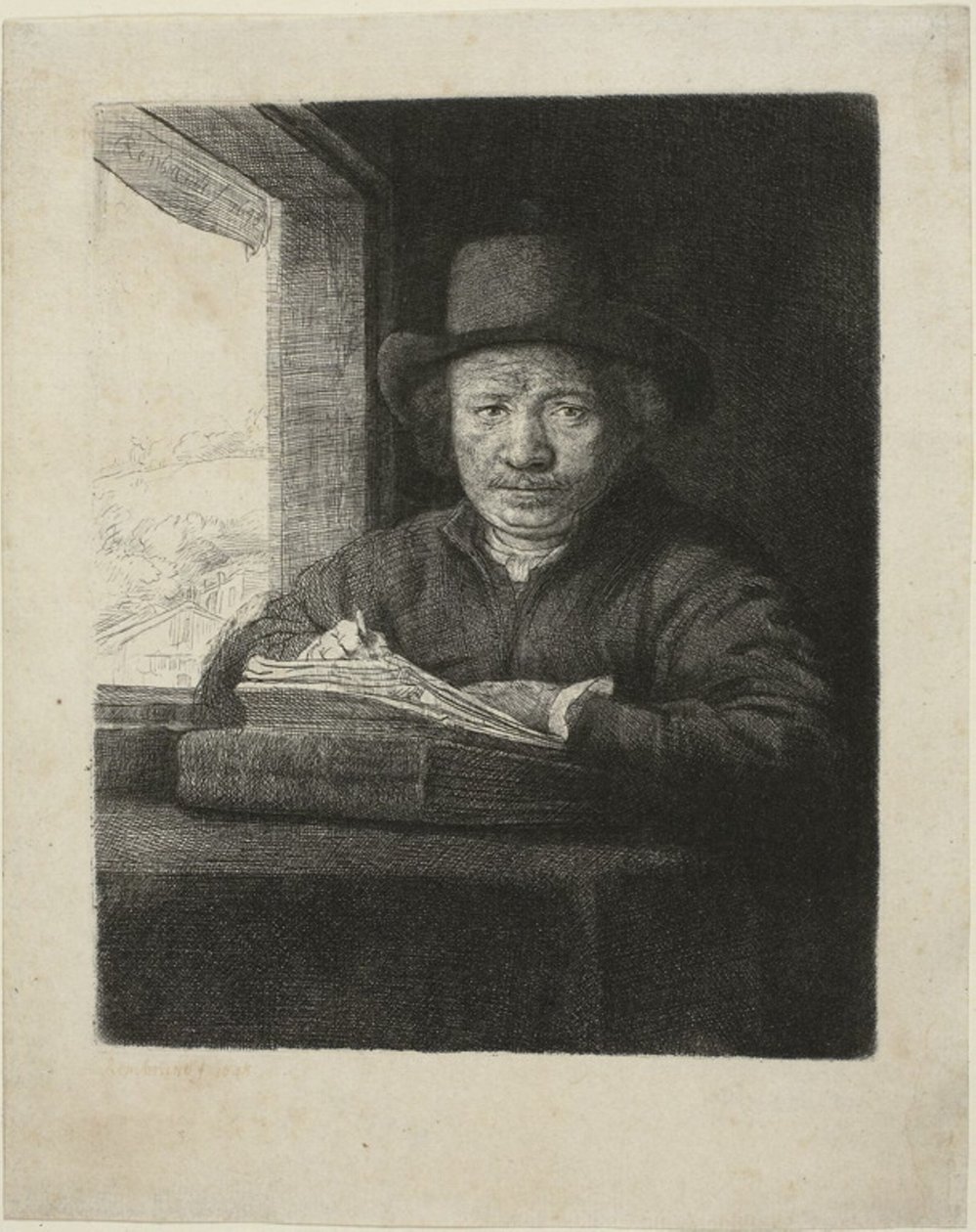 Zelfportret Ets bij een Raam door Rembrandt van Rijn