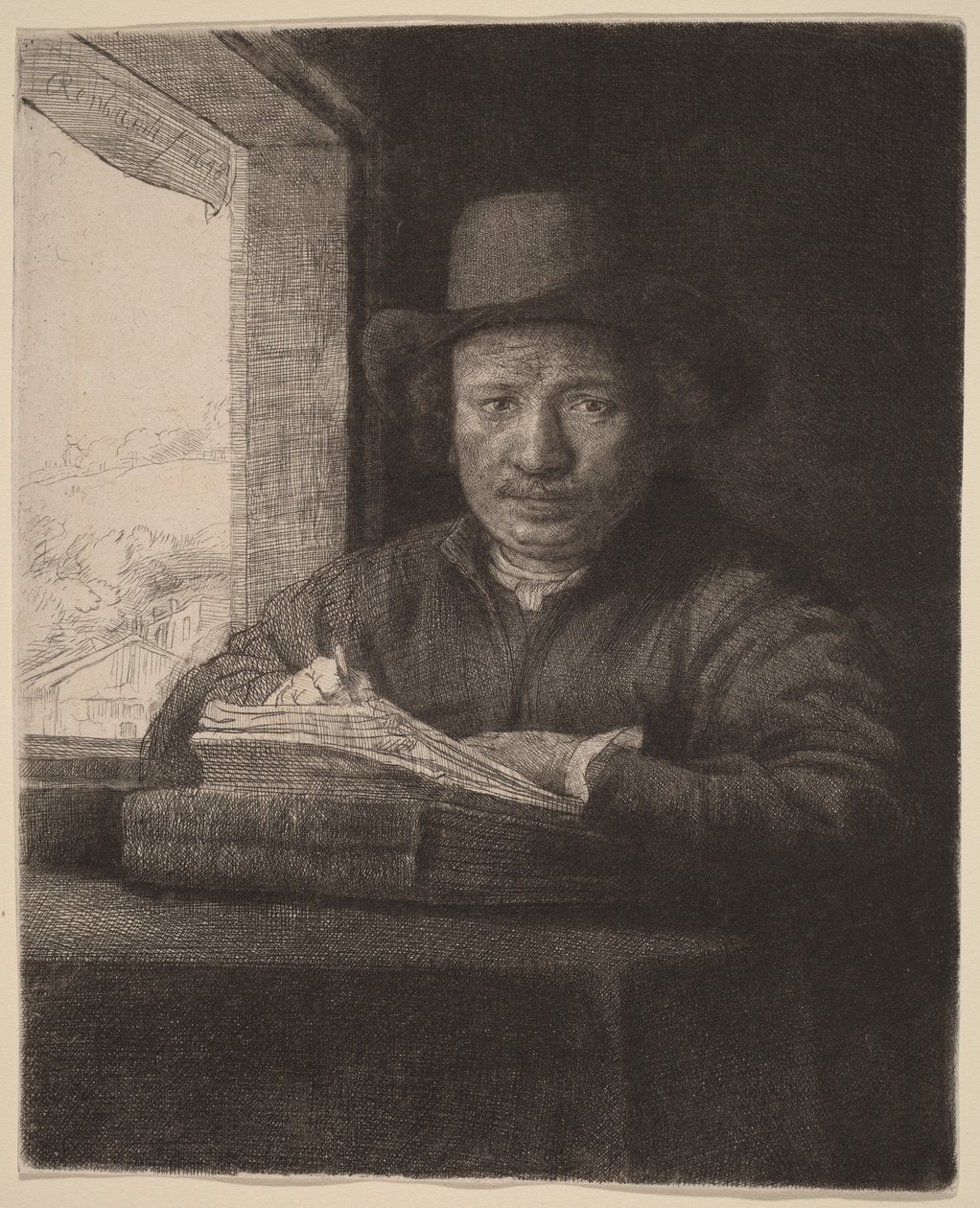 Zelfportret: ets bij een raam door Rembrandt van Rijn