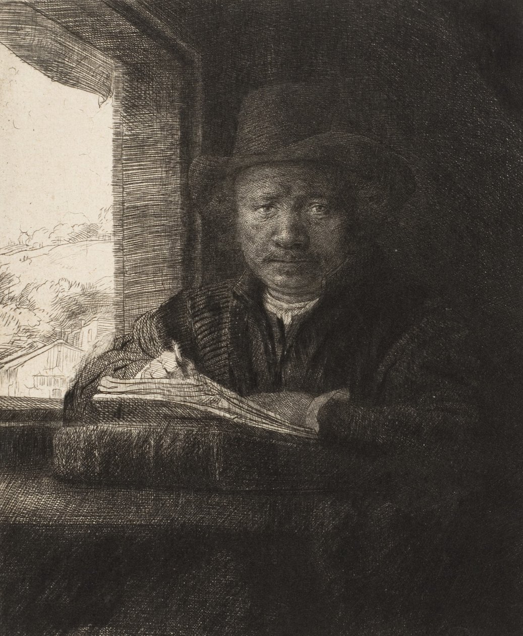 Zelfportret ets bij een raam door Rembrandt van Rijn