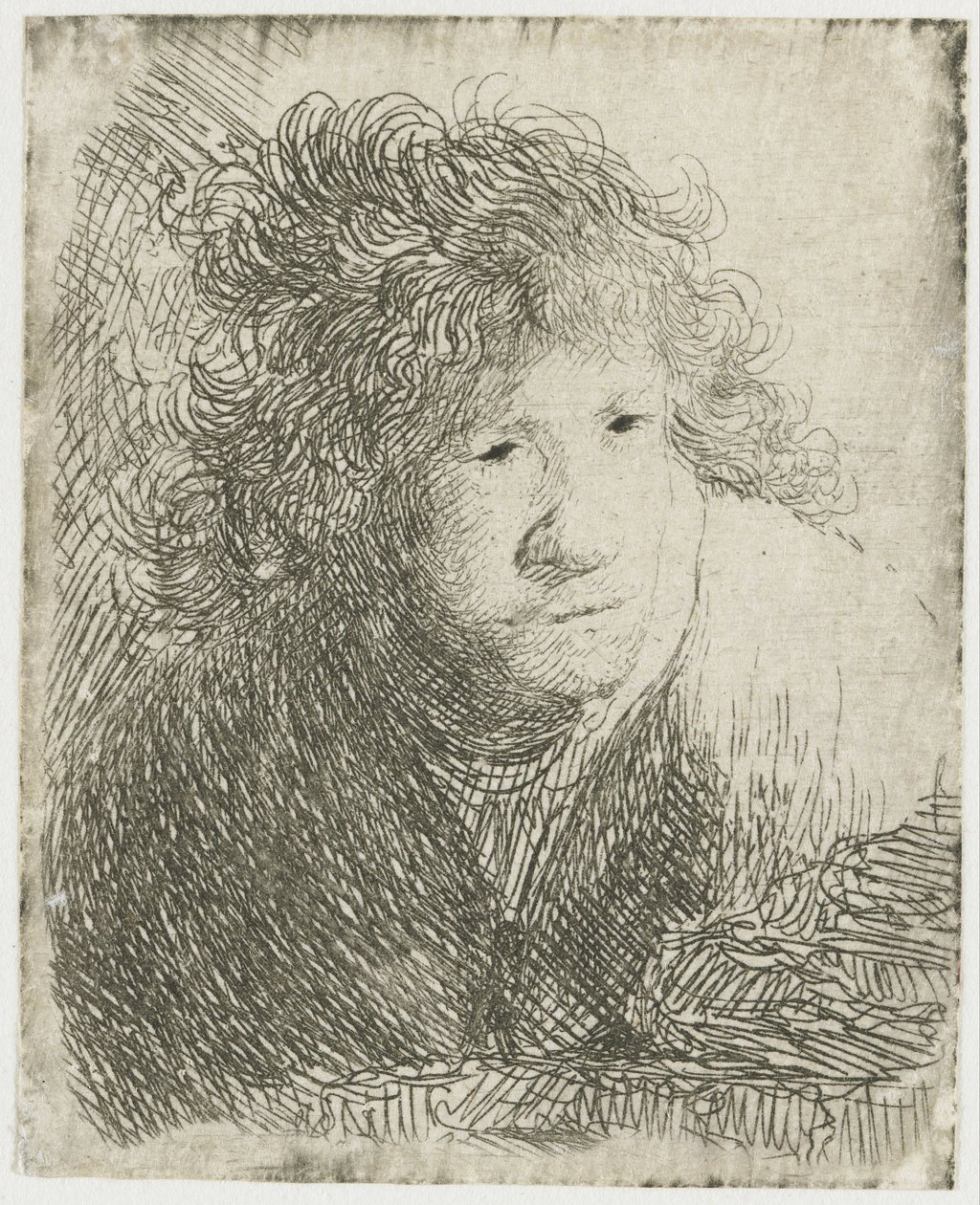 Zelfportret, Voorovergebogen, Luisterend door Rembrandt van Rijn