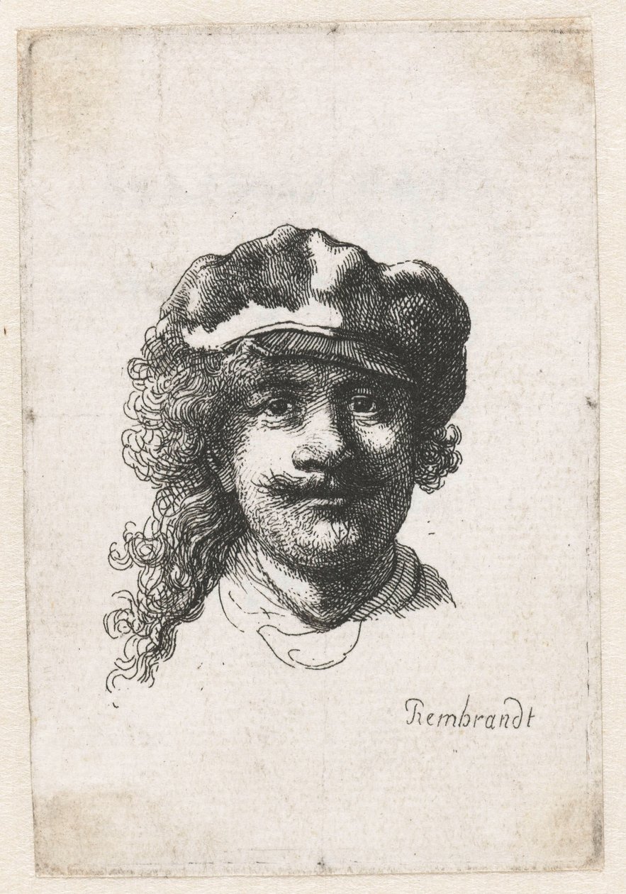 Zelfportret met een zachte pet: volledig gezicht, alleen hoofd door Rembrandt van Rijn
