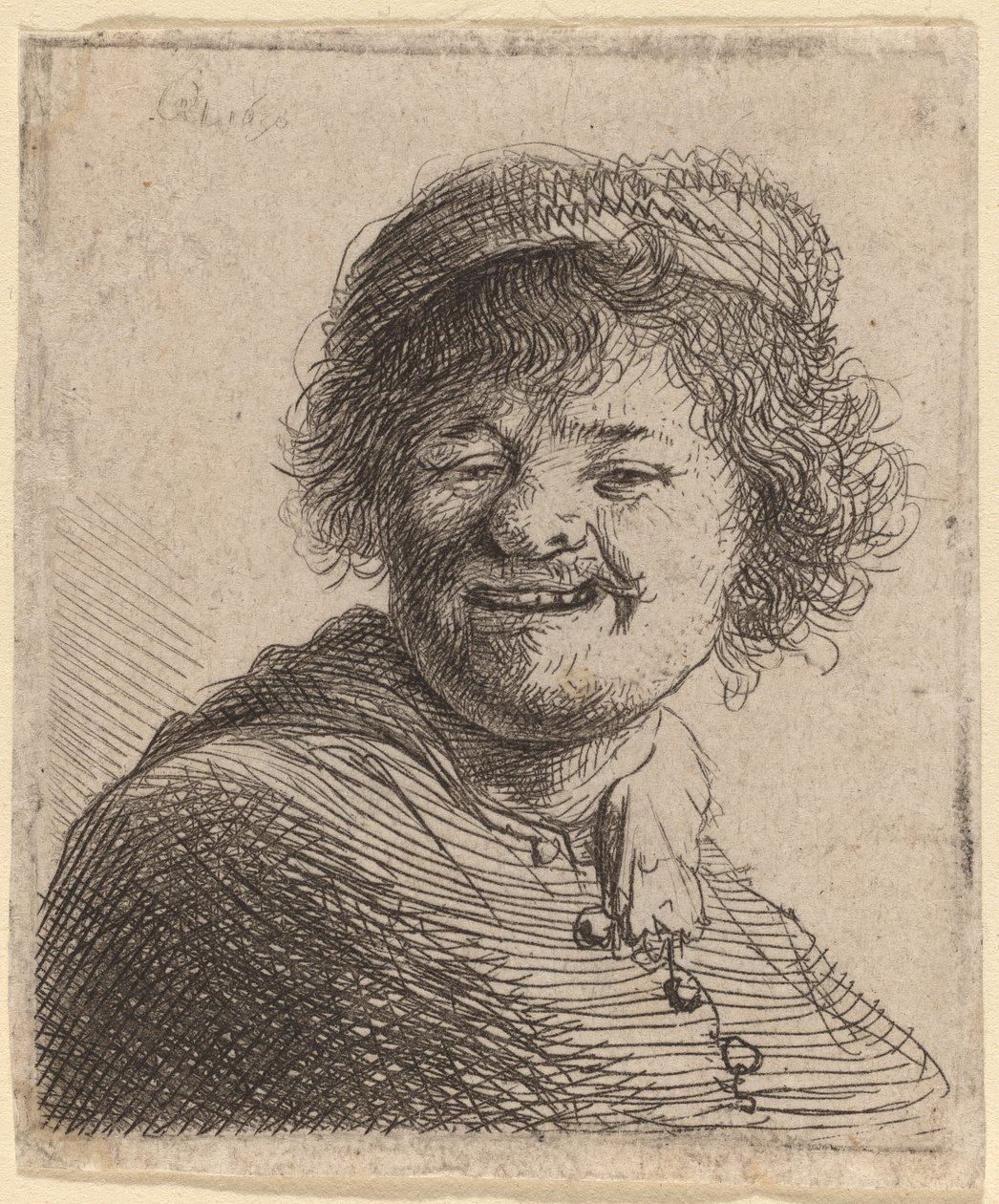 Zelfportret met een Pet: Lachend door Rembrandt van Rijn