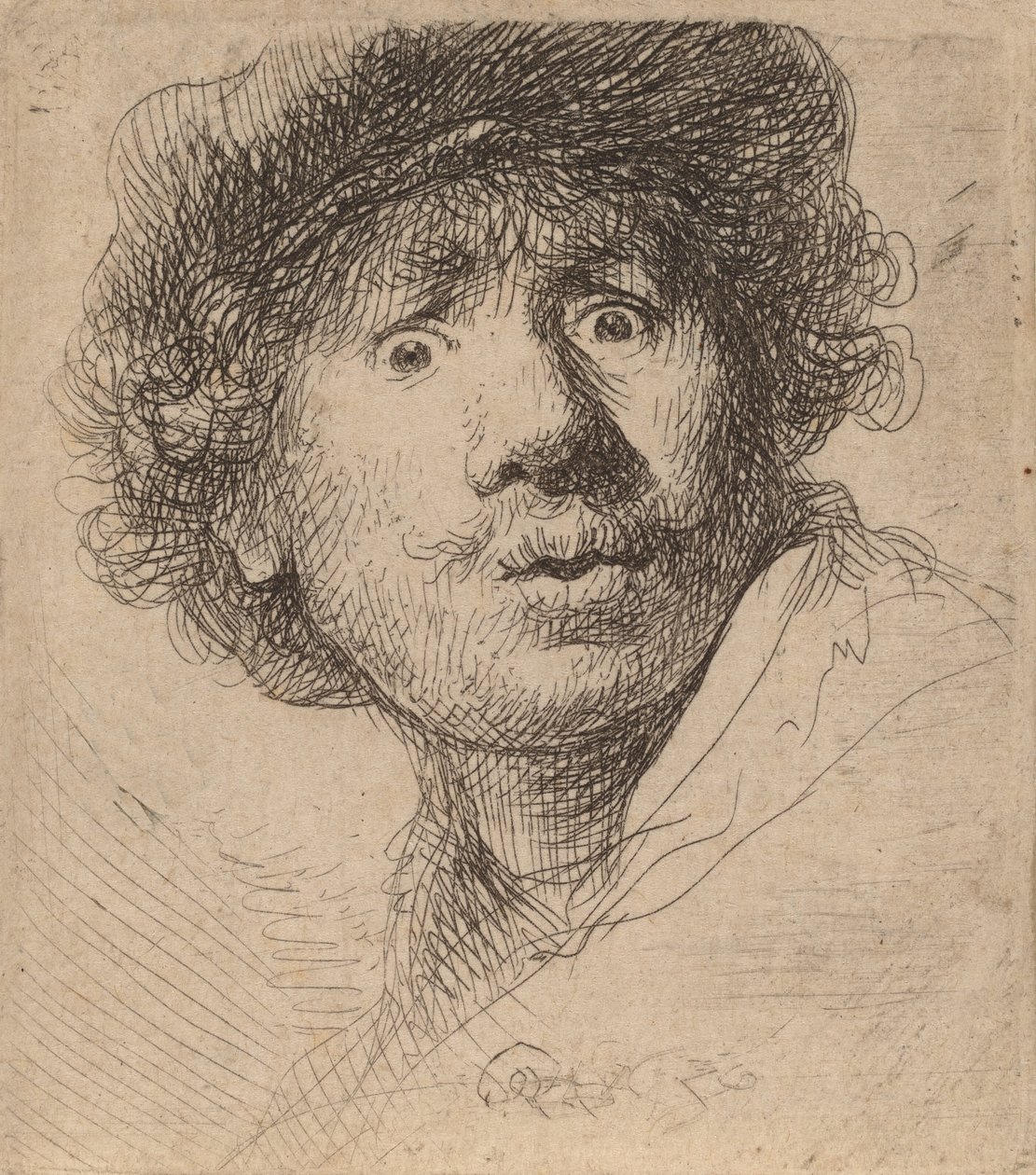 Zelfportret met een pet, mond open door Rembrandt van Rijn