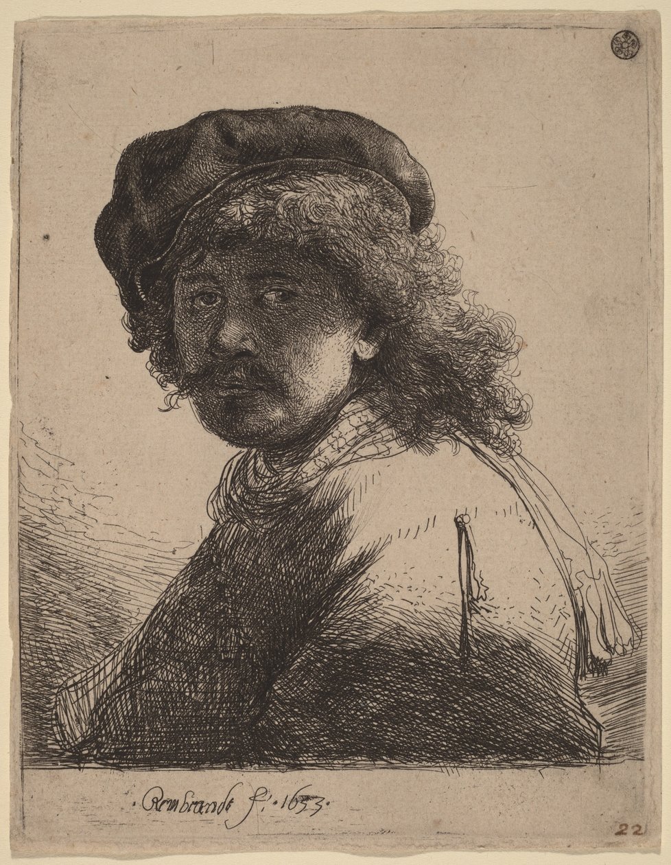 Zelfportret met pet en sjaal, met een donker gezicht door Rembrandt van Rijn