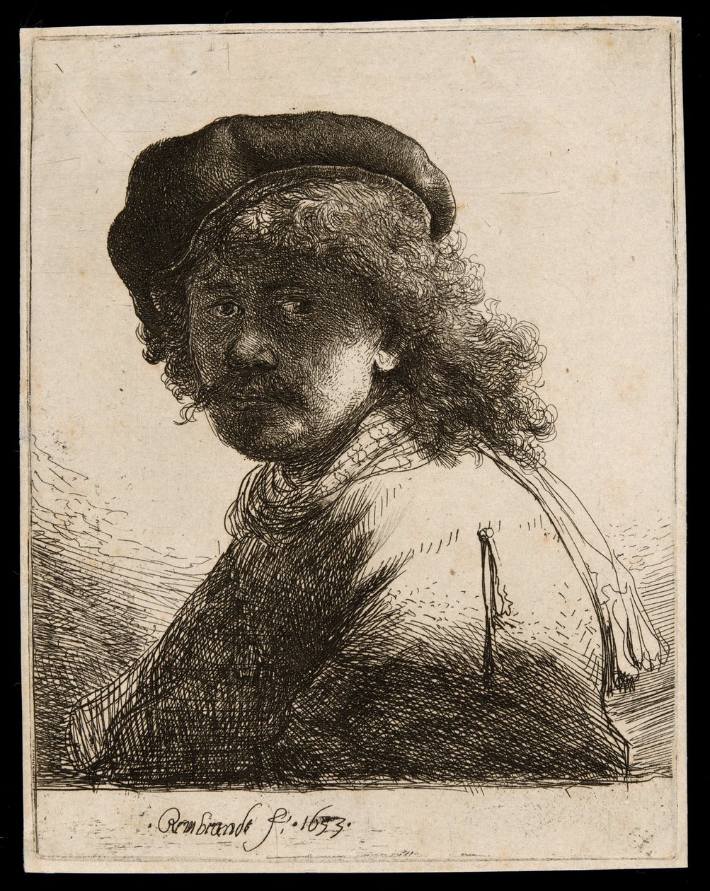 Zelfportret met een pet en sjaal met donker gezicht: buste door Rembrandt van Rijn