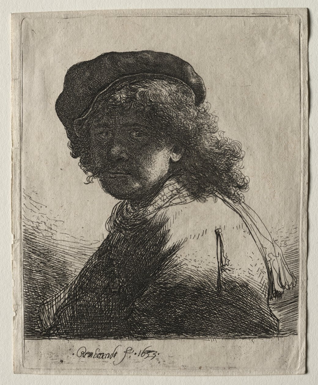 Zelfportret met een muts en sjaal met donker gezicht: Buste door Rembrandt van Rijn