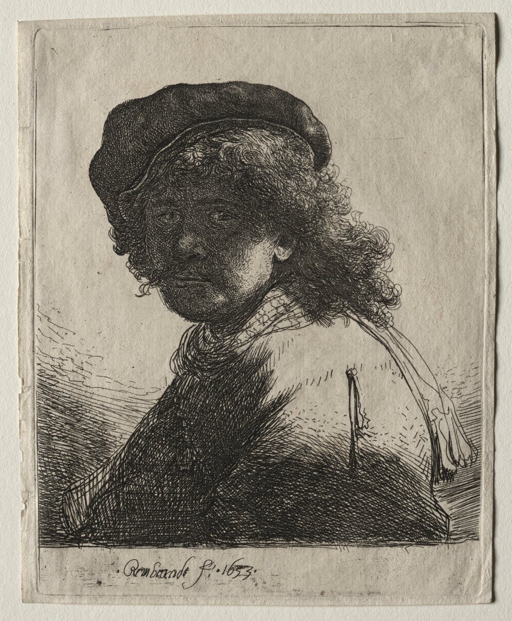 Zelfportret met een pet en sjaal met donker gezicht: Buste door Rembrandt van Rijn