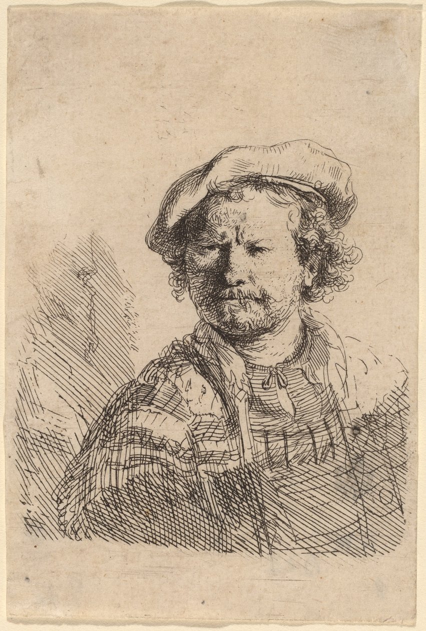 Zelfportret met een platte pet en geborduurde jurk door Rembrandt van Rijn