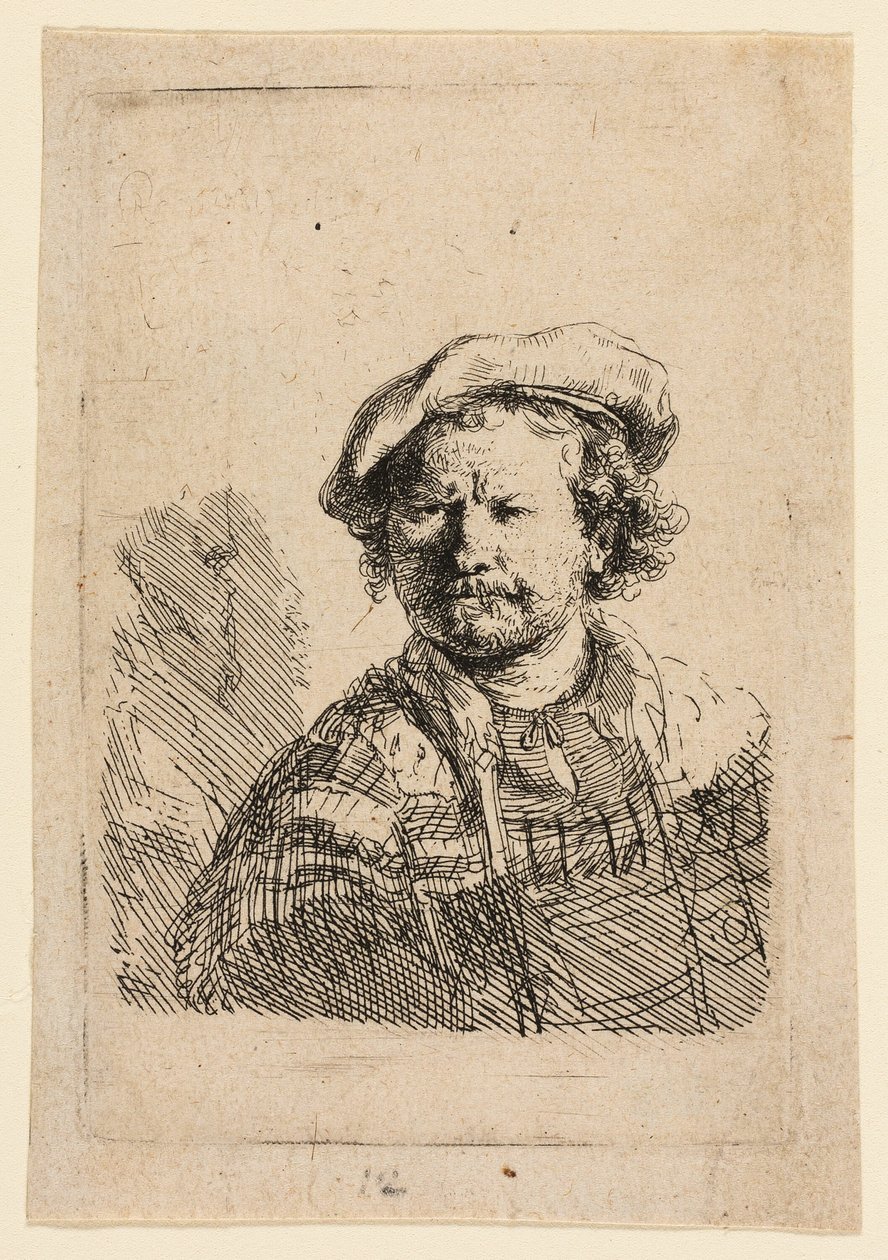 Zelfportret met een platte pet en geborduurde jurk door Rembrandt van Rijn