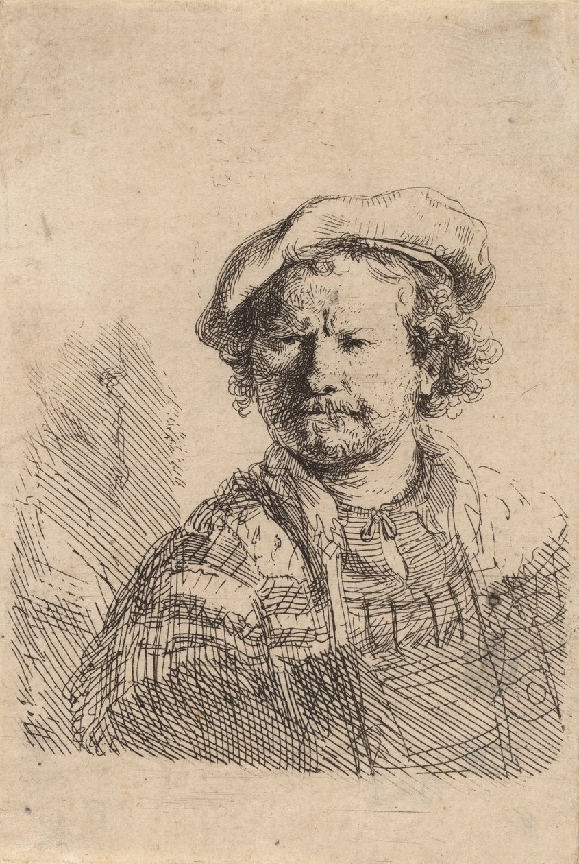 Zelfportret met een platte pet en geborduurde jurk door Rembrandt van Rijn