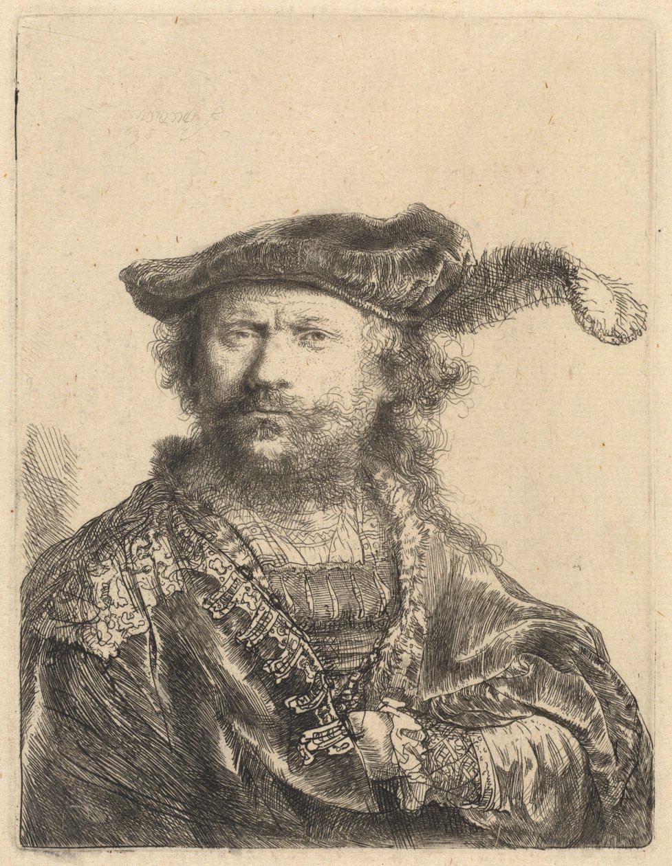 Zelfportret in een Fluwelen Muts met Pluim door Rembrandt van Rijn