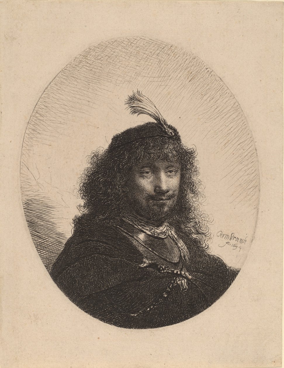 Zelfportret met gevederde hoed en neergelaten sabel, 1634 door Rembrandt van Rijn
