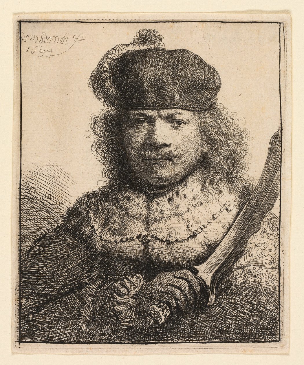 Zelfportret met opgeheven sabel door Rembrandt van Rijn