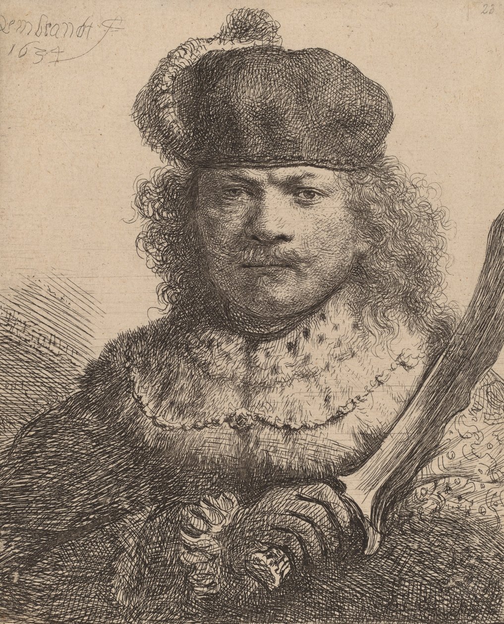 Zelfportret met opgeheven sabel door Rembrandt van Rijn