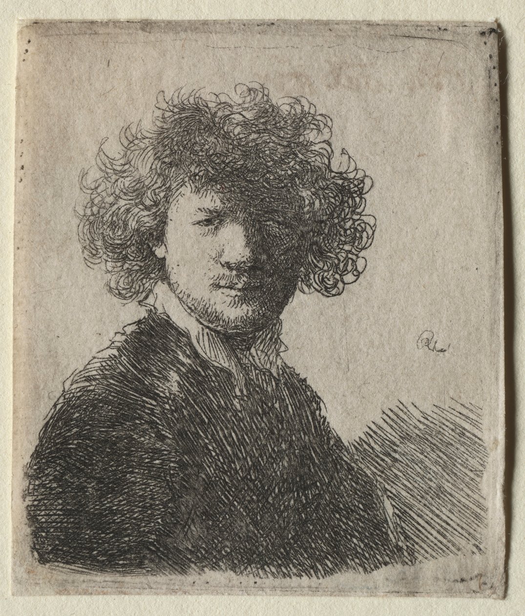Zelfportret met krullend haar en witte kraag: Buste, ca. 1630 door Rembrandt van Rijn