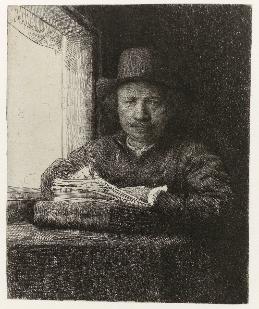 Zelfportret, ets bij een raam door Rembrandt van Rijn