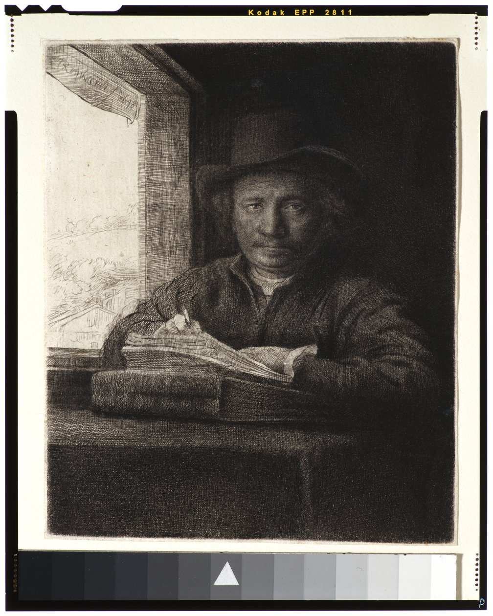 Zelfportret, ets bij een raam door Rembrandt van Rijn