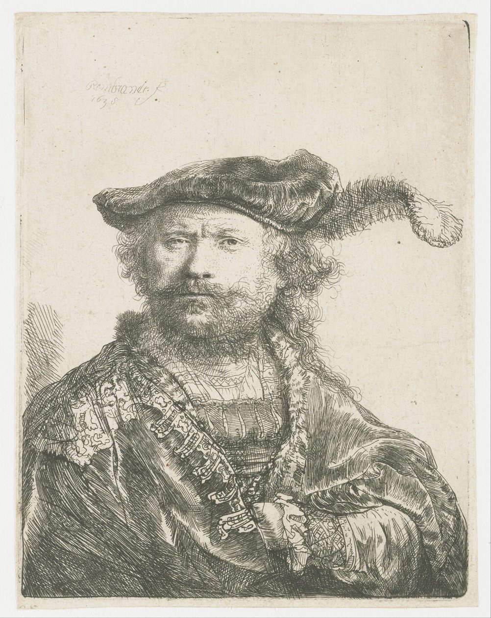 Zelfportret met fluwelen muts met pluim door Rembrandt van Rijn
