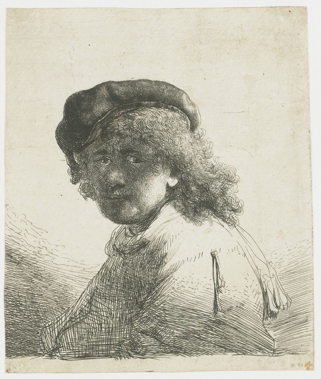 Zelfportret met een pet en sjaal met het gezicht donker: buste door Rembrandt van Rijn