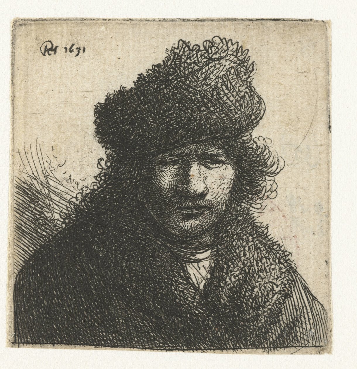 Zelfportret met schuine bontmuts: buste door Rembrandt van Rijn