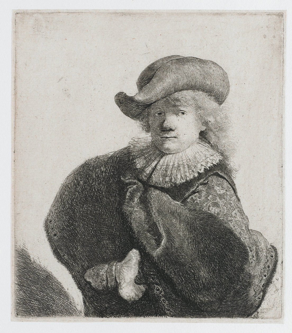 Zelfportret met een zachte hoed en een mantel met patroon door Rembrandt van Rijn