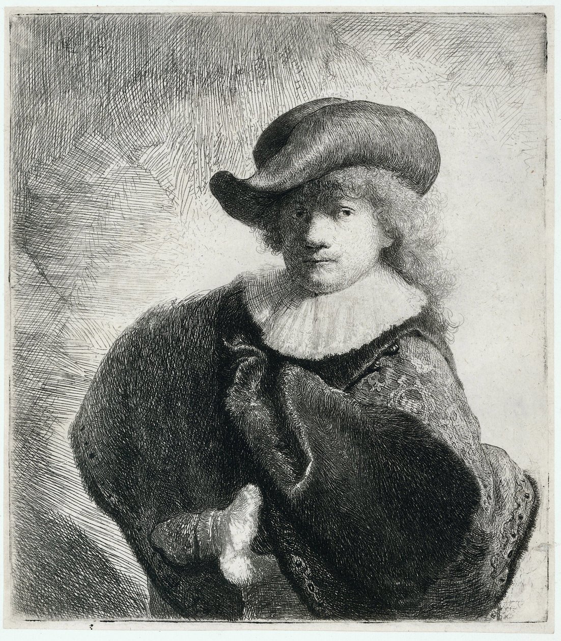 Zelfportret met een zachte hoed en geborduurde mantel, 1631 door Rembrandt van Rijn
