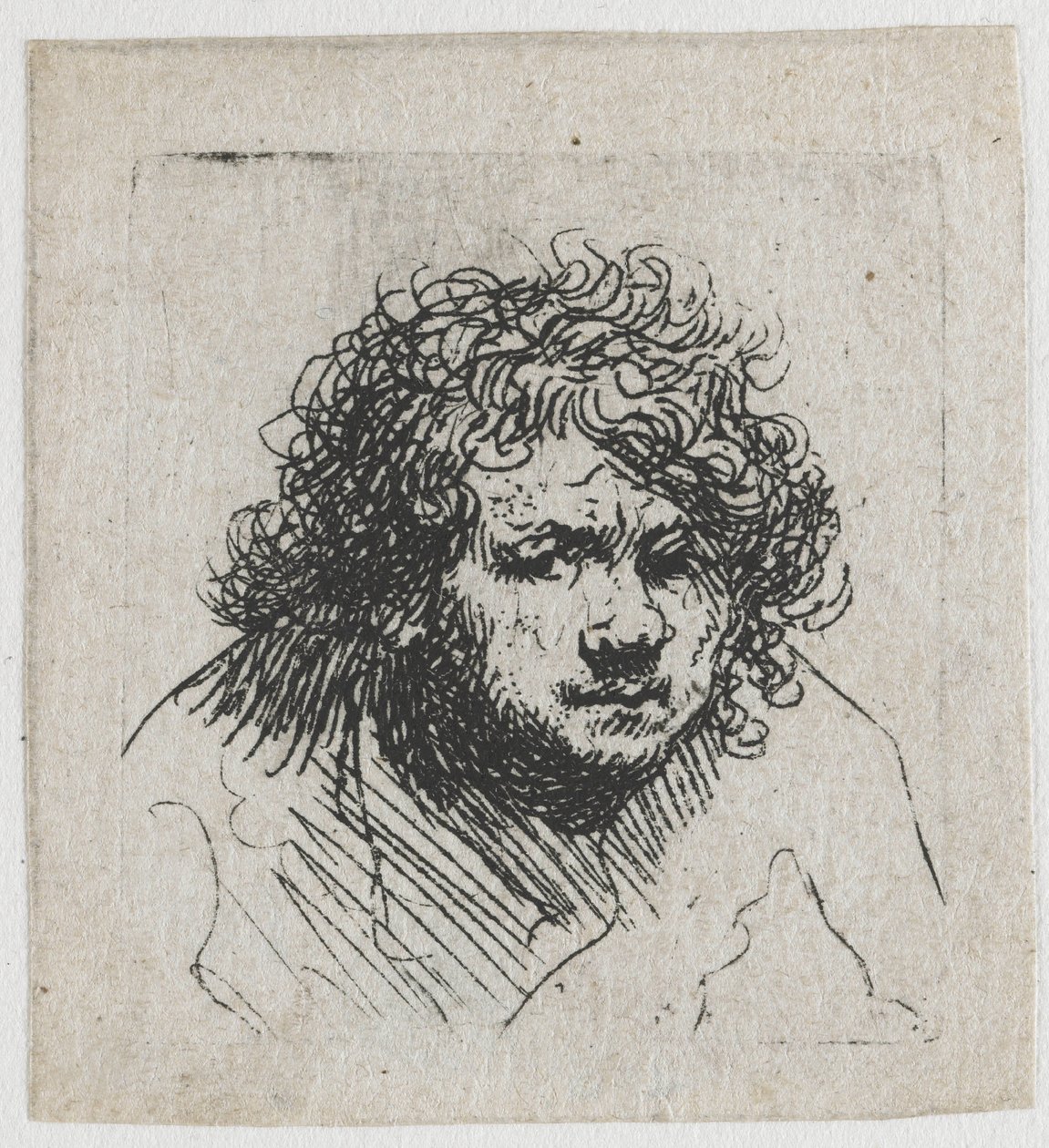 Zelfportret, voorovergebogen: borstbeeld door Rembrandt van Rijn