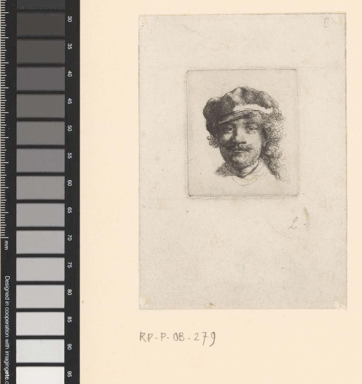 Zelfportret met een zachte pet op: volledig gezicht, alleen het hoofd door Rembrandt van Rijn