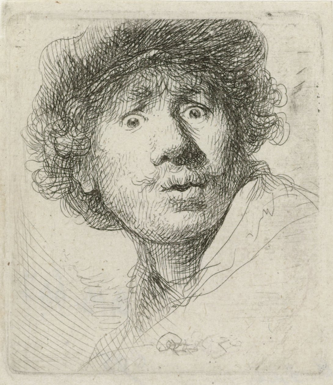 Zelfportret met Baret en Wijd Ogen door Rembrandt van Rijn