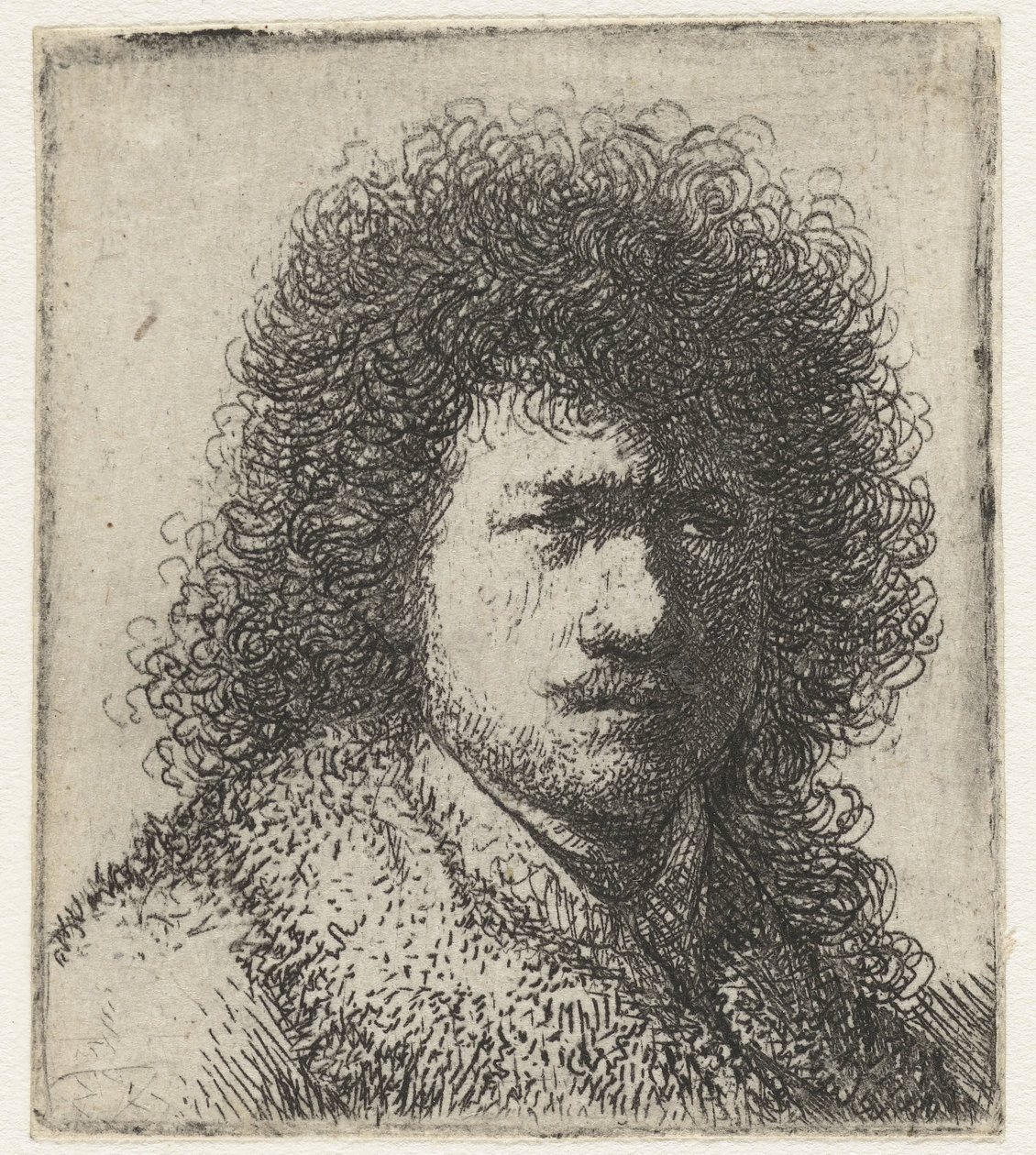 Zelfportret met borstelig haar: borstbeeld door Rembrandt van Rijn