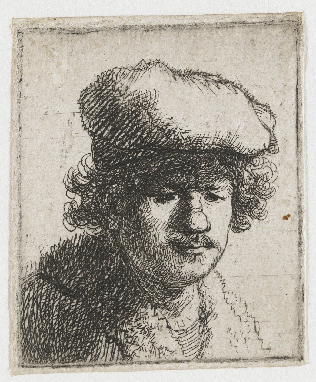 Zelfportret met de pet naar voren getrokken door Rembrandt van Rijn