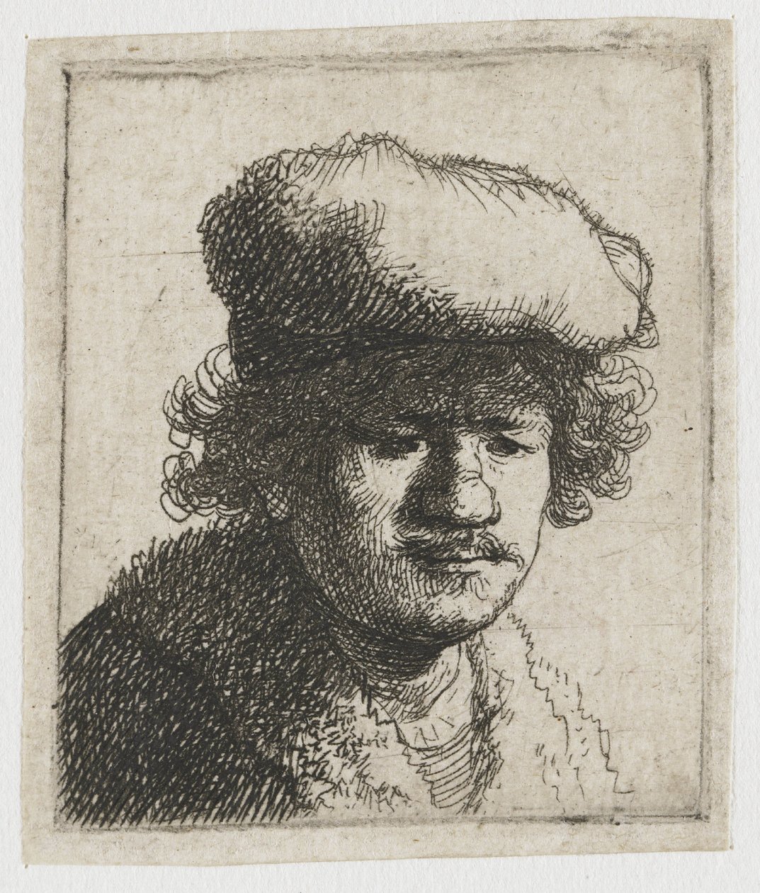 Zelfportret met de pet naar voren getrokken door Rembrandt van Rijn