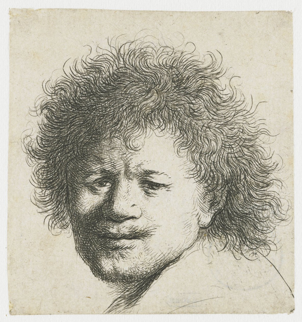 Zelfportret met lang, wild haar: alleen hoofd door Rembrandt van Rijn