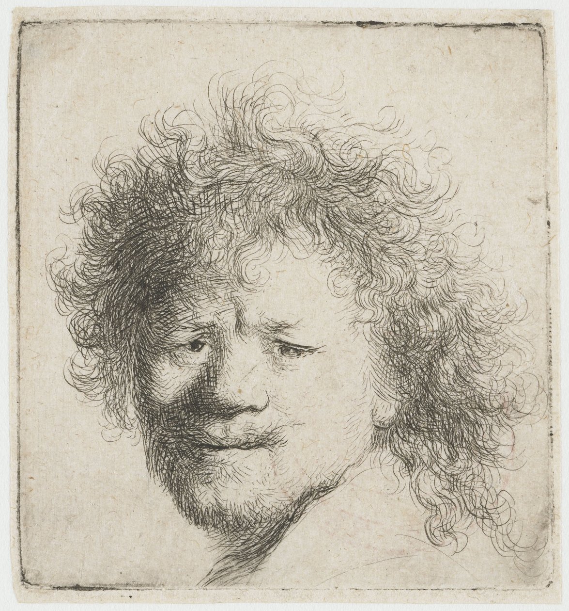 Zelfportret met lang, weelderig haar: alleen het hoofd door Rembrandt van Rijn