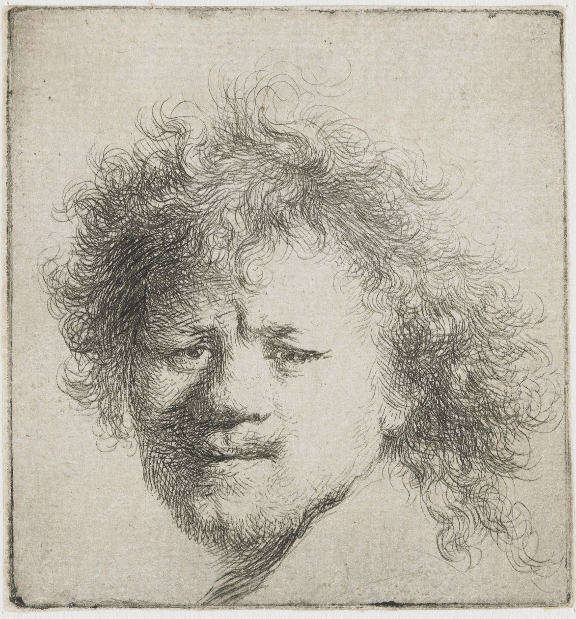 Zelfportret met lang, wild haar: alleen hoofd door Rembrandt van Rijn