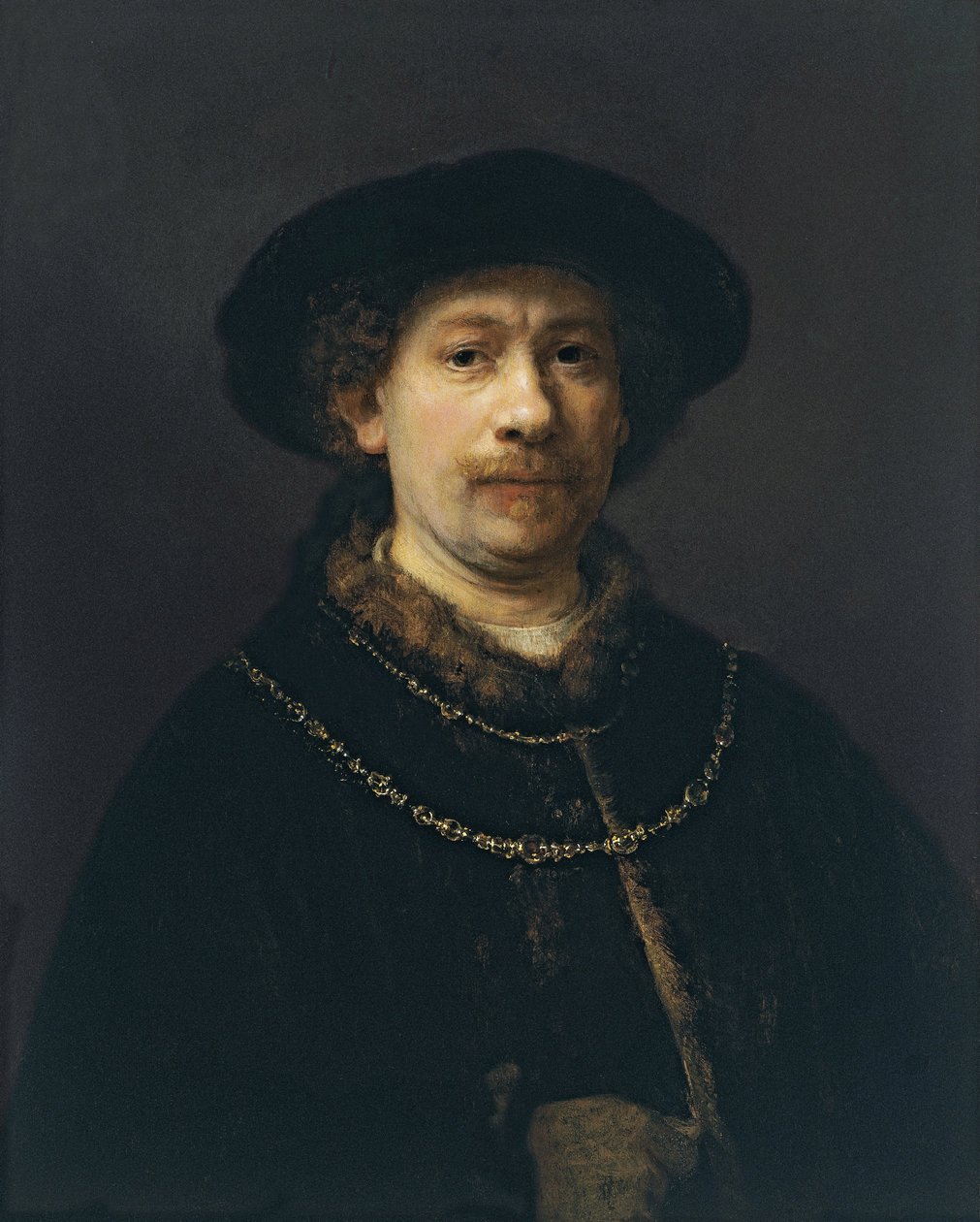 Zelfportret met baret en twee gouden kettingen, ca. 1642 door Rembrandt van Rijn