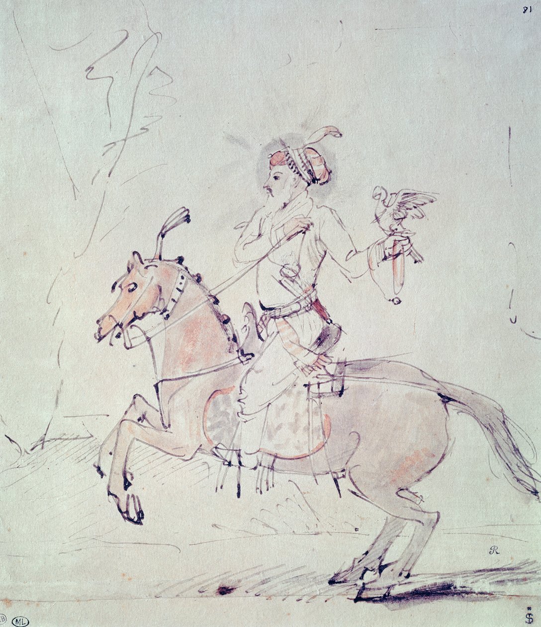 Shah Jehan met valk te paard door Rembrandt van Rijn