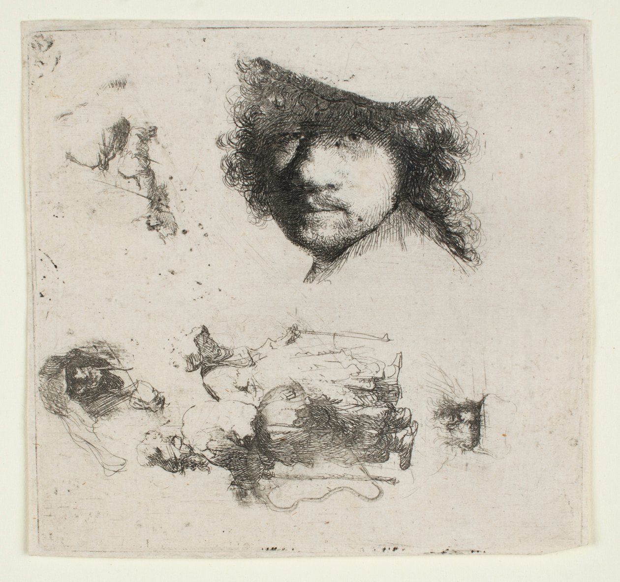 Overzicht van studies: het hoofd van de kunstenaar, een bedelaarspaar, de hoofden van een oude man en een oude vrouw, enz. door Rembrandt van Rijn