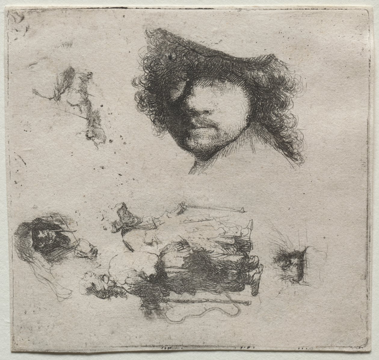 Blad met studies: Zelfportret, een bedelaarskoppel, enz. door Rembrandt van Rijn