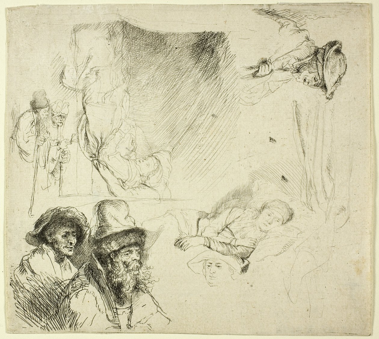 Blad met studies, met een vrouw die ziek in bed ligt door Rembrandt van Rijn