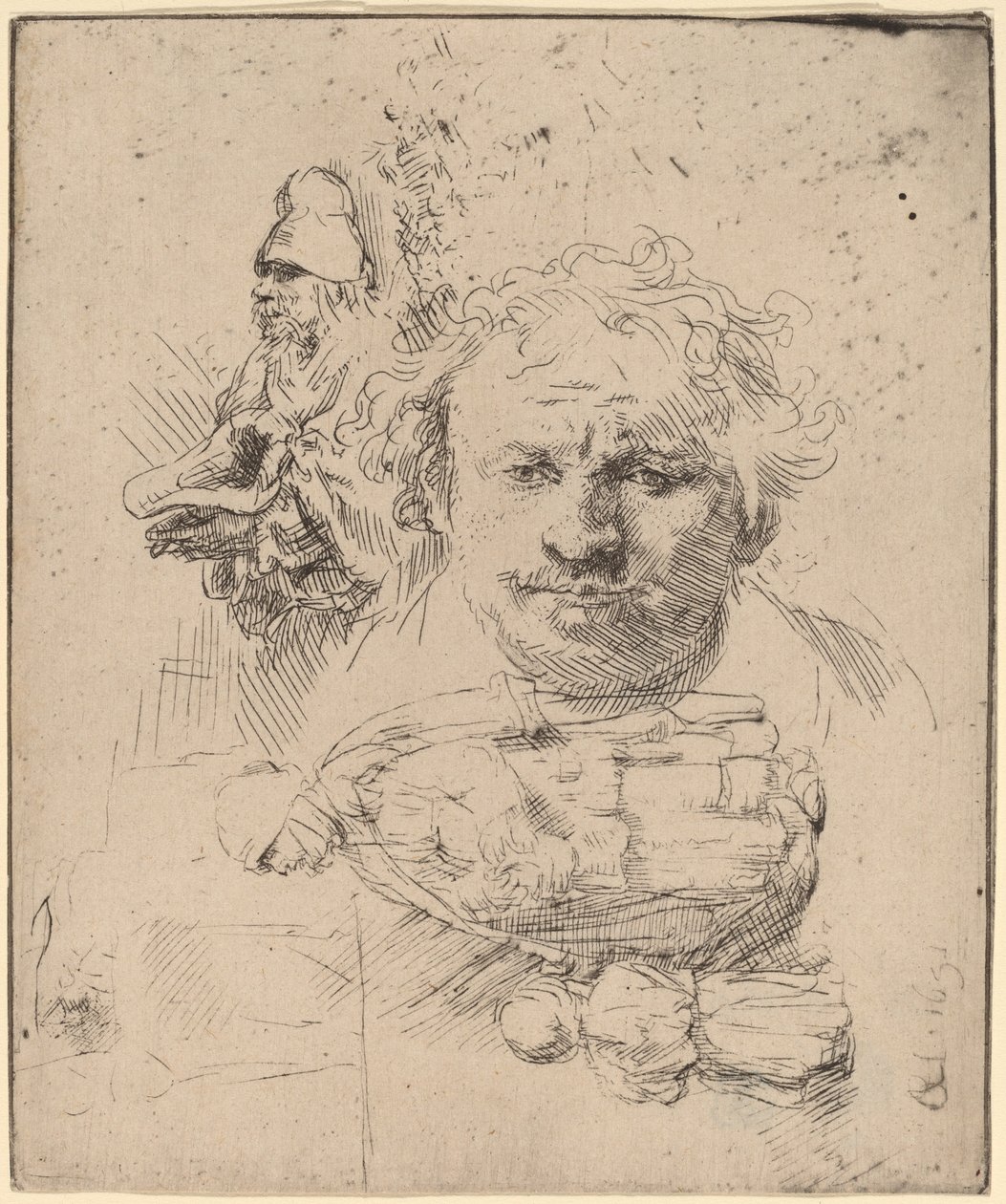 Blad met studies van het hoofd van de kunstenaar, een bedelman, en vrouw en kind door Rembrandt van Rijn