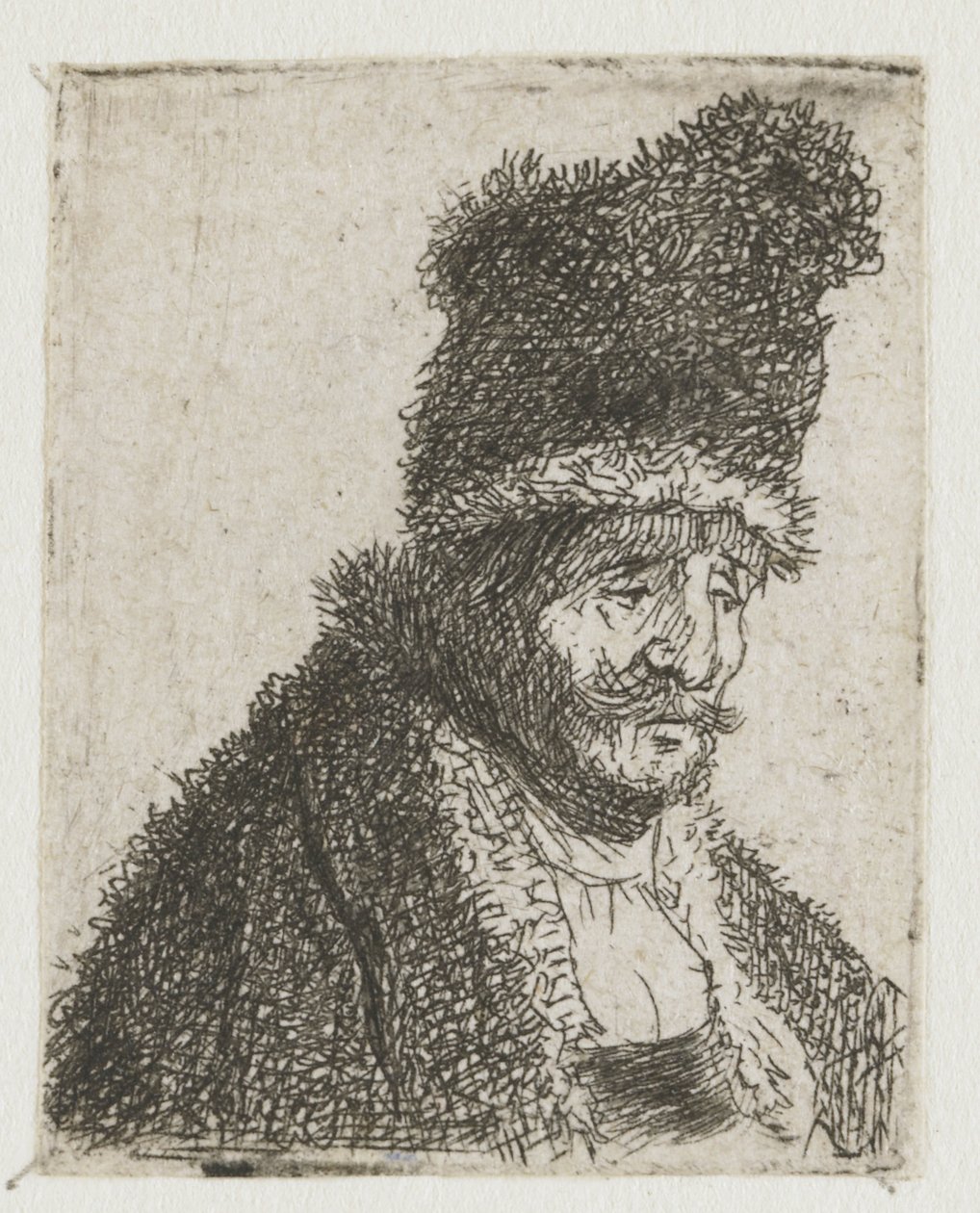 Blad met studies van mannenhoofden: oude man in bontjas en hoge muts door Rembrandt van Rijn
