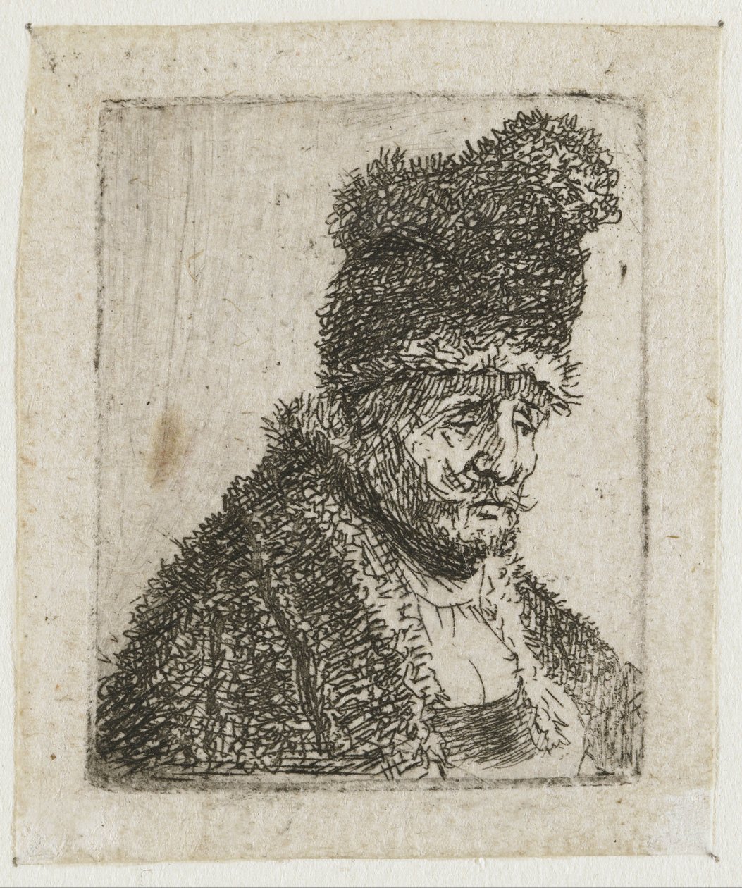 Blad met studies van mannenhoofden: oude man in bontjas en hoge muts door Rembrandt van Rijn