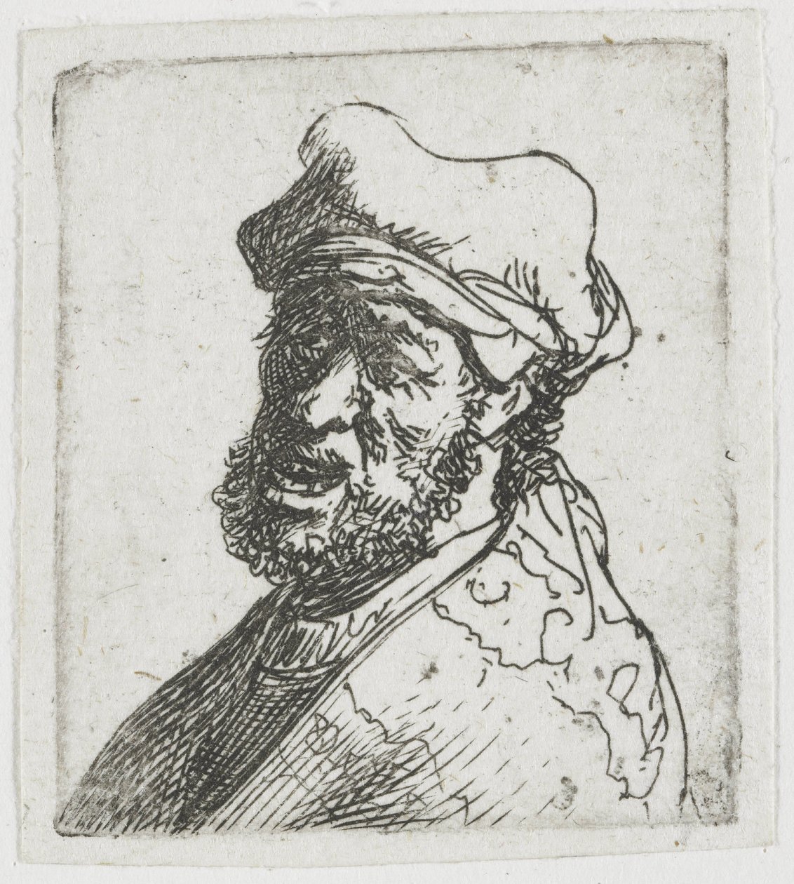 Blad met studies van mannenhoofden: schreeuwende man, driekwart profiel naar links: buste door Rembrandt van Rijn