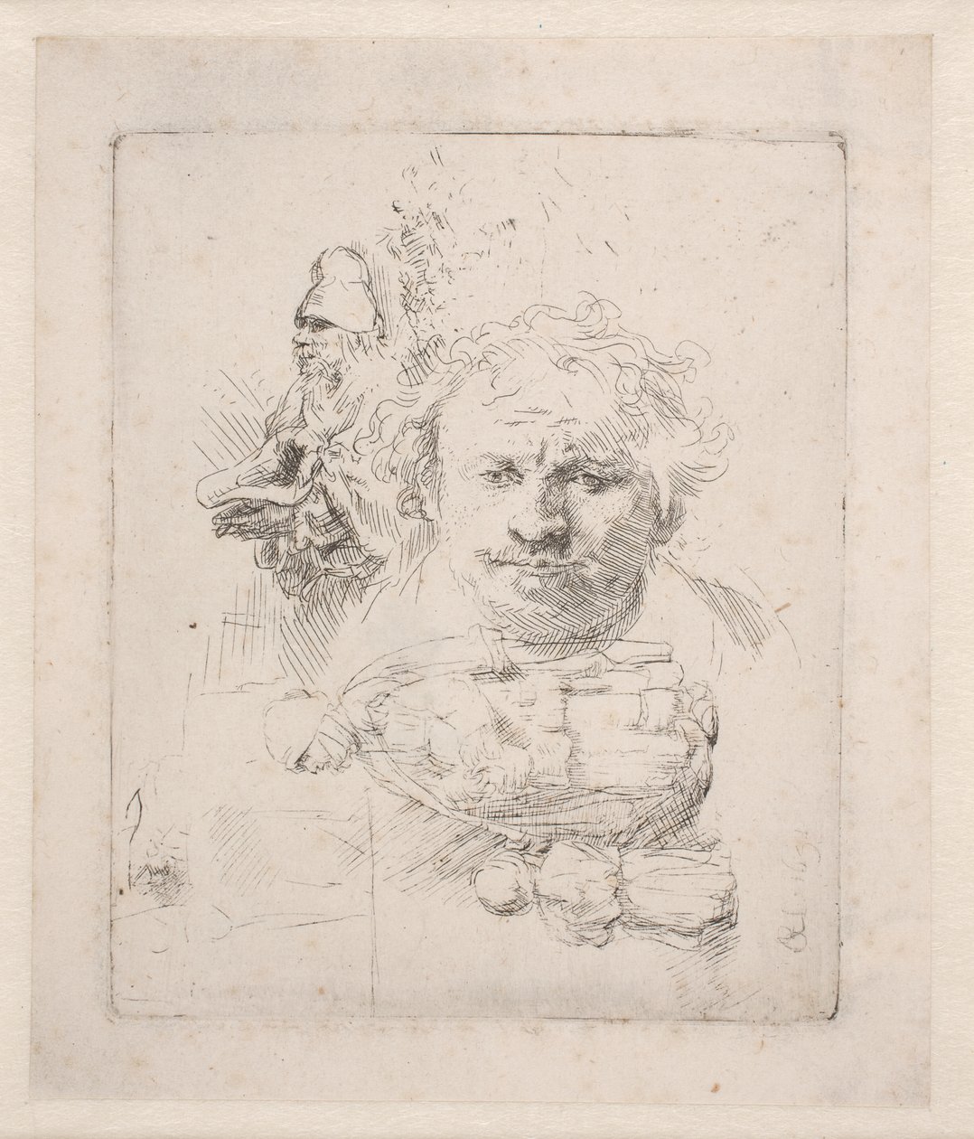 Blad met studies van het hoofd van Rembrandt, een bedelaar, een vrouw en een kind door Rembrandt van Rijn