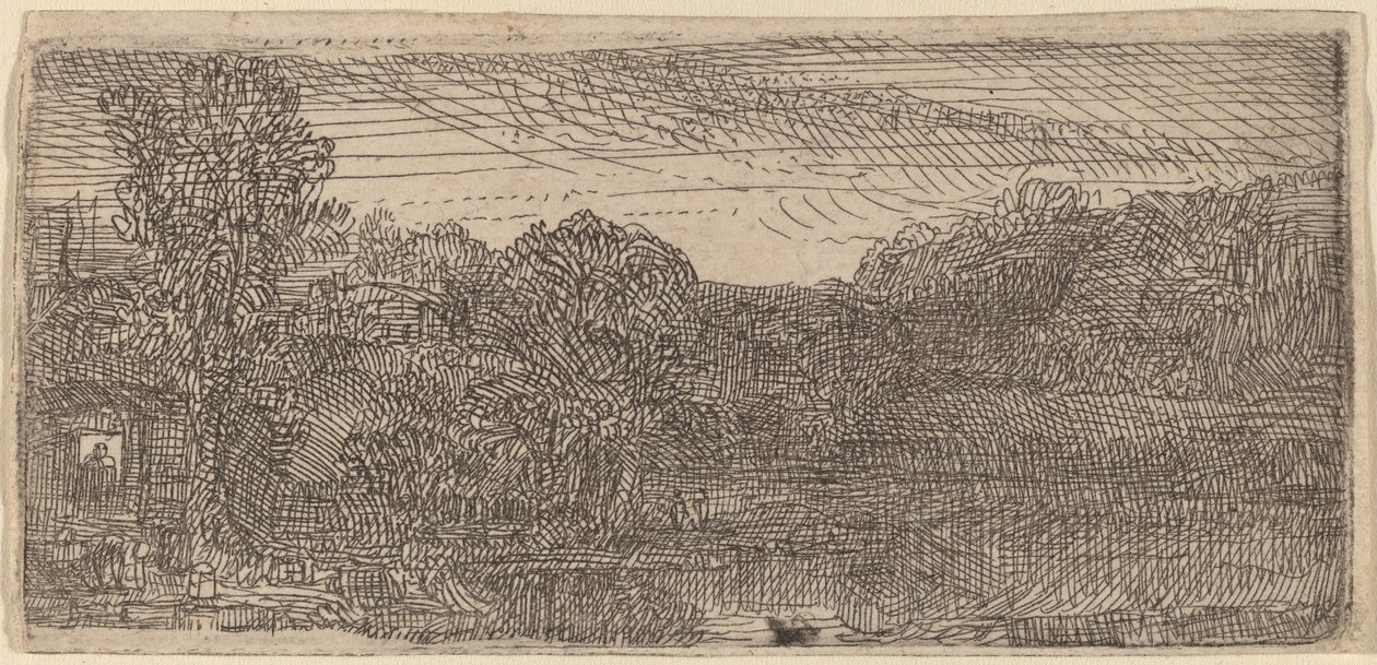 Klein grijs landschap: een huis en bomen naast een vijver door Rembrandt van Rijn