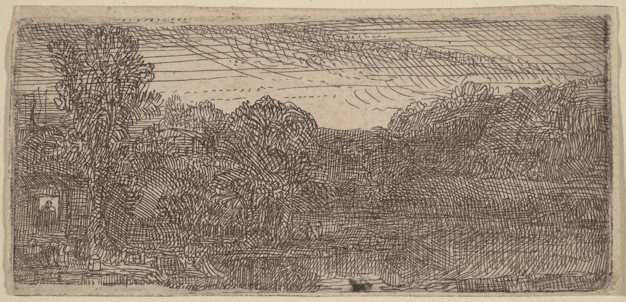 Klein grijs landschap: een huis en bomen naast een zwembad door Rembrandt van Rijn